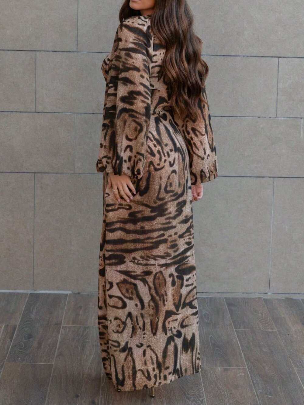 Brown Sexy Women's Elegant Tassel Zebra Print Long Sleeved Maxi Dress - Picture 2 of 6